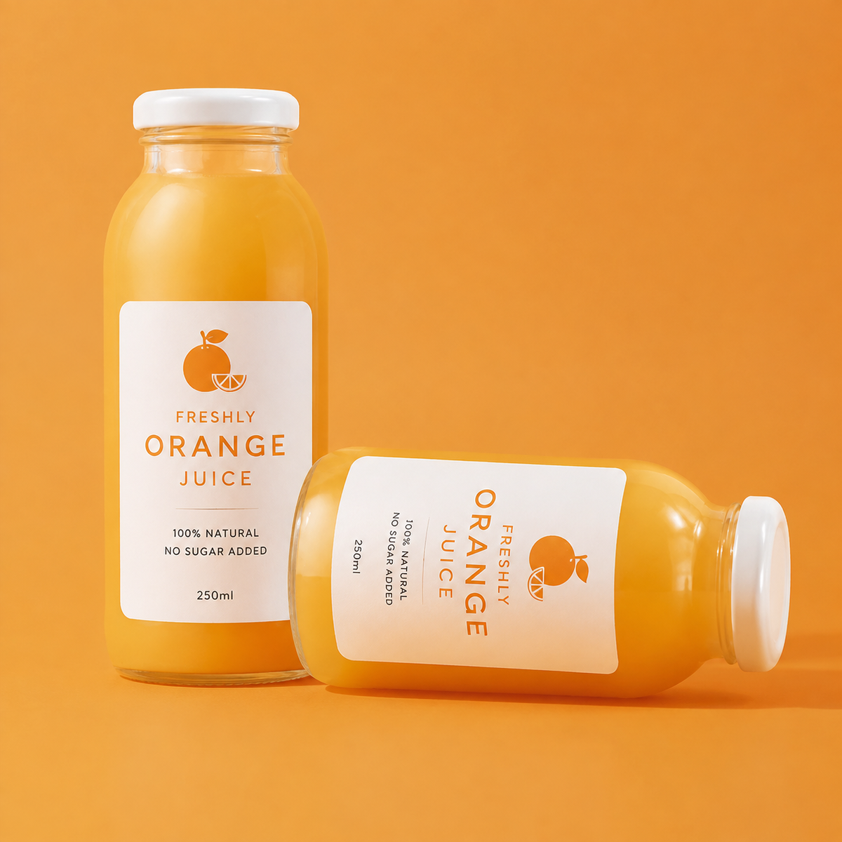 Custom waterproof labels for packaging featuring a freshly squeezed orange juice design on glass bottles with an orange background.