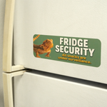 Green custom bumper sticker featuring a bearded dragon and FRIDGE SECURITY text on a refrigerator.