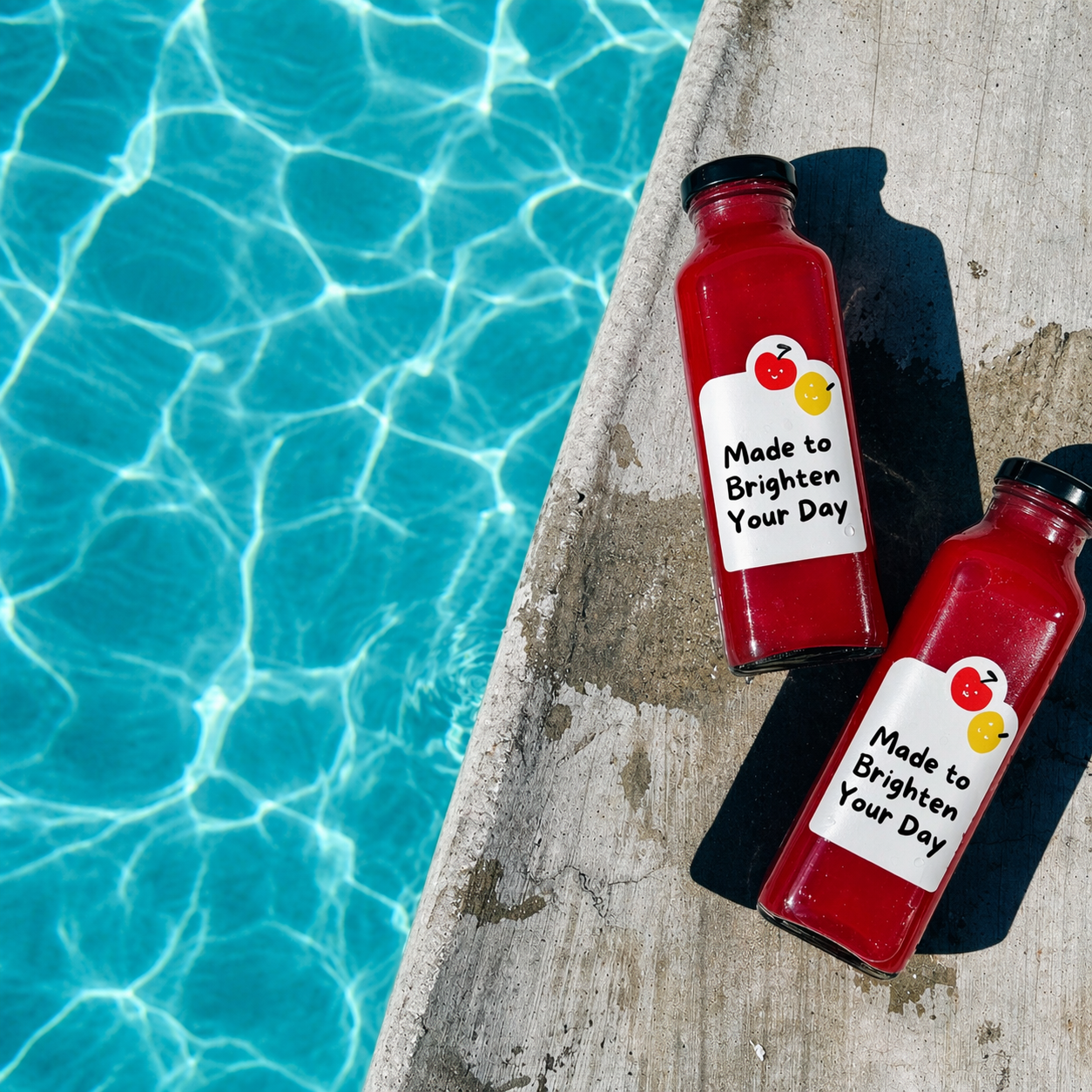 Two fruit juice bottles with custom waterproof labels placed by a poolside.