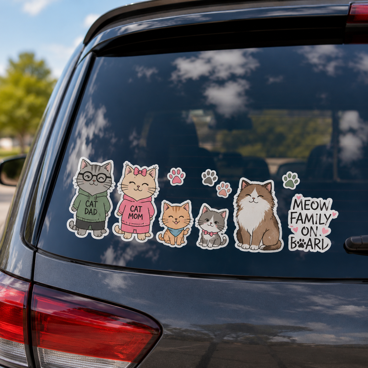 A custom cat family auto sticker on a rear car window with cute cartoon cats dressed as cat dad and cat mom next to Meow Family on Board text.