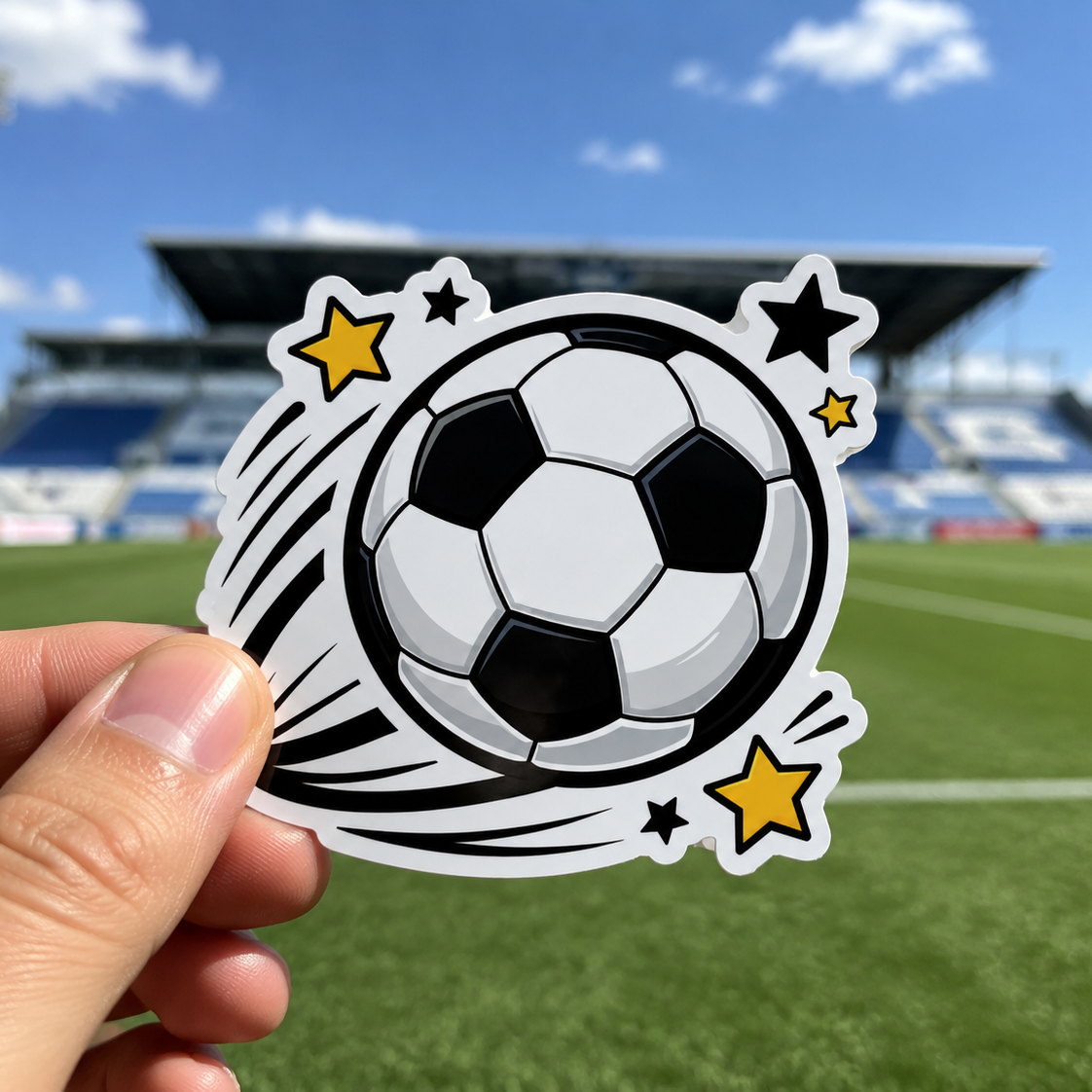 Game-day soccer ball sticker held in front of a sports field