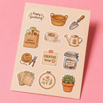 Sticker sheet featuring watercolor illustrations of gardening tools, seed packets, basket, watering can, succulent plant, embroidery hoop, buttons, scissors, twine, and craft supplies on a beige background.