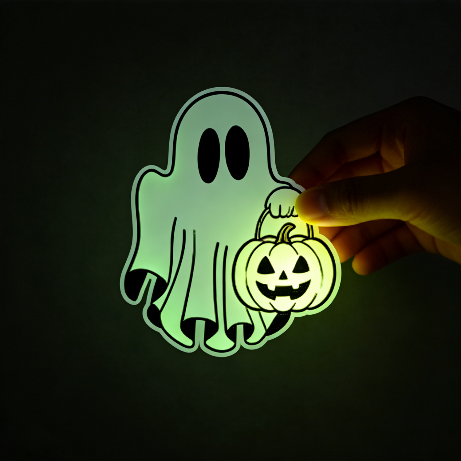 Glowing sticker with the design of ghost and pumpkin cutout held against a dark background