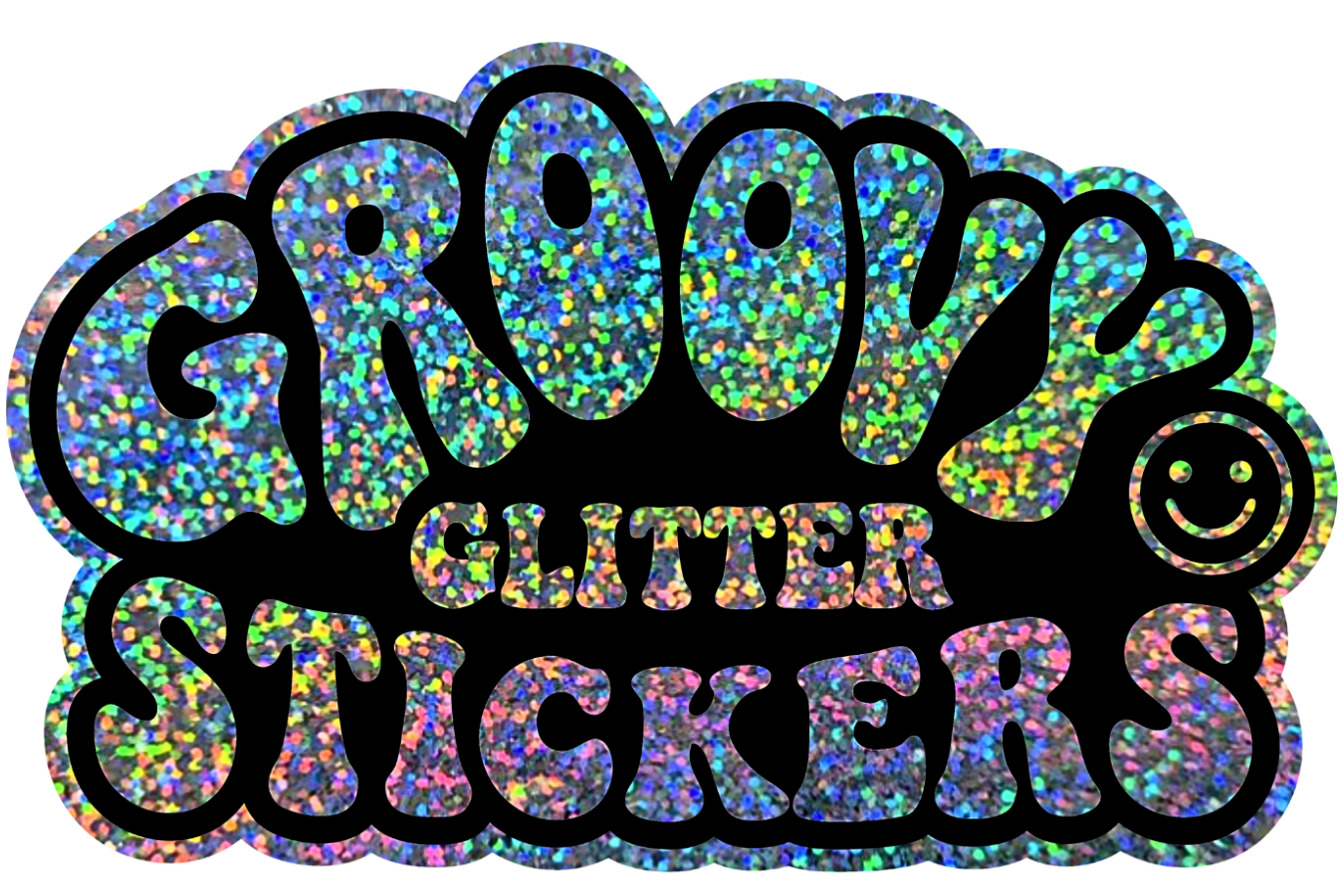 Glittery multicolor text with 'Groovy Glitter Stickers' text on a white background 