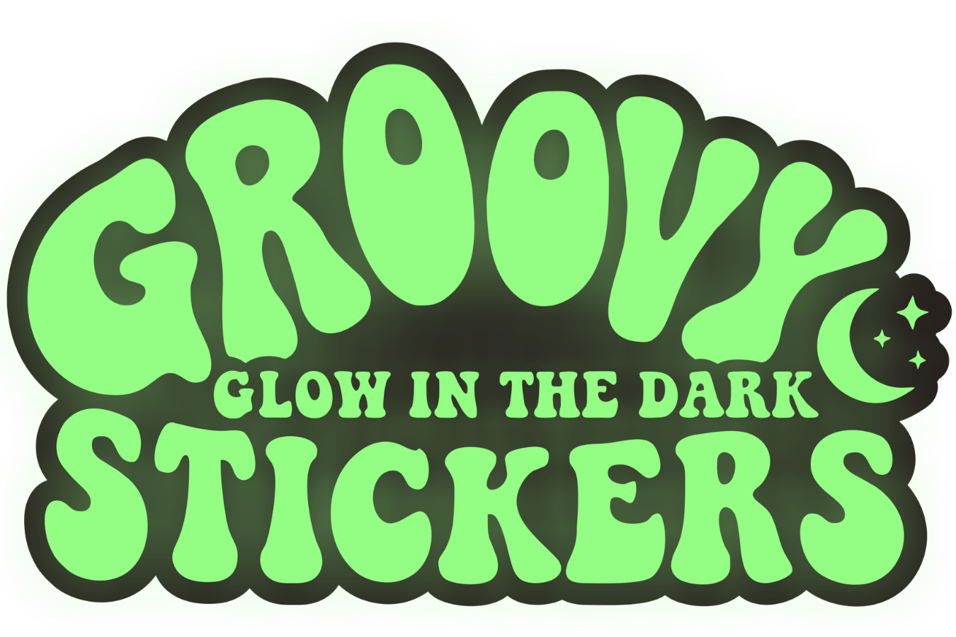 Glow in the dark stickers with green text on a white background