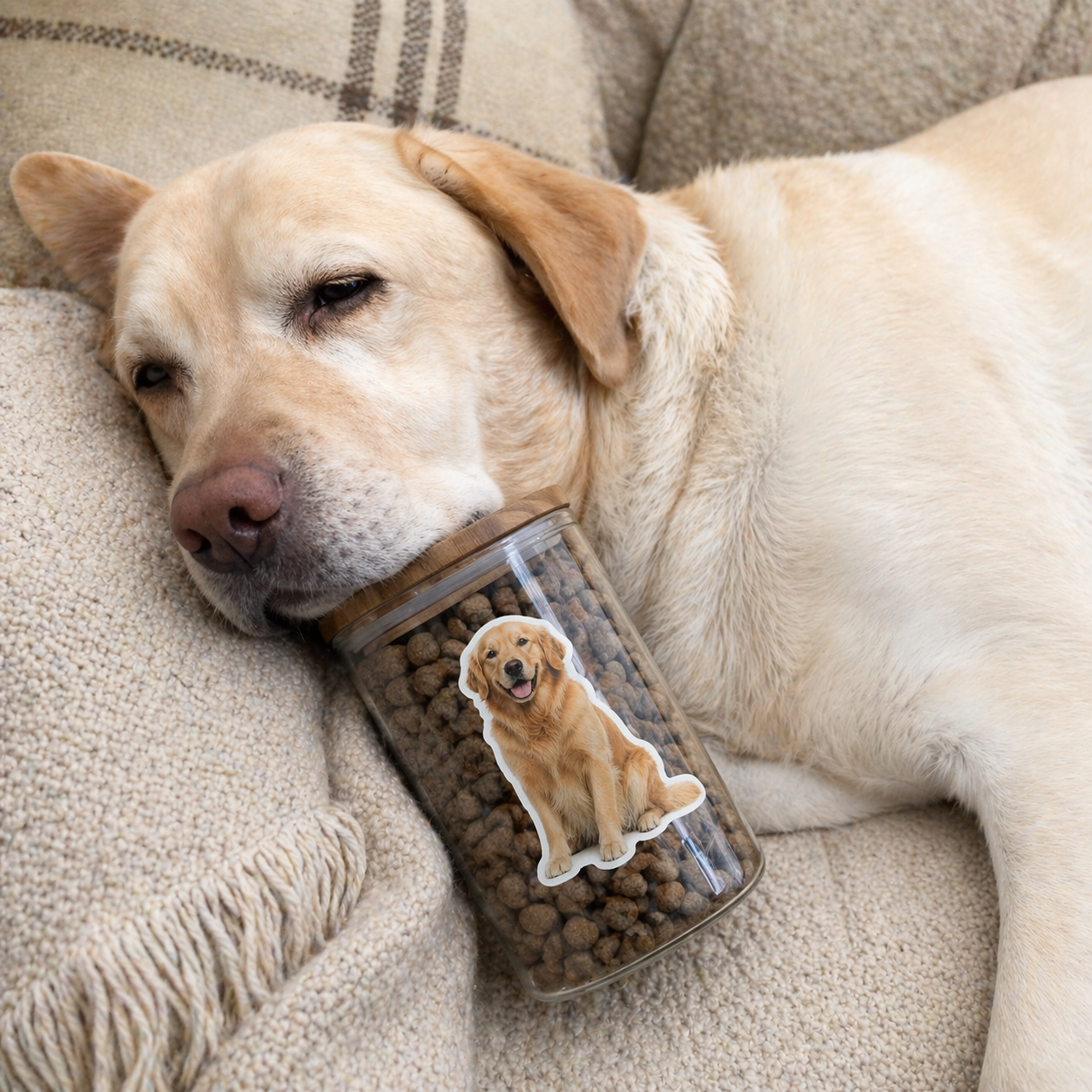 A golden retriever lies on a couch next to a jar of dog food featuring a sticker made from its own photo.