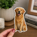 Hand holding a puppy stickers of a golden retriever in front of books and a candle.