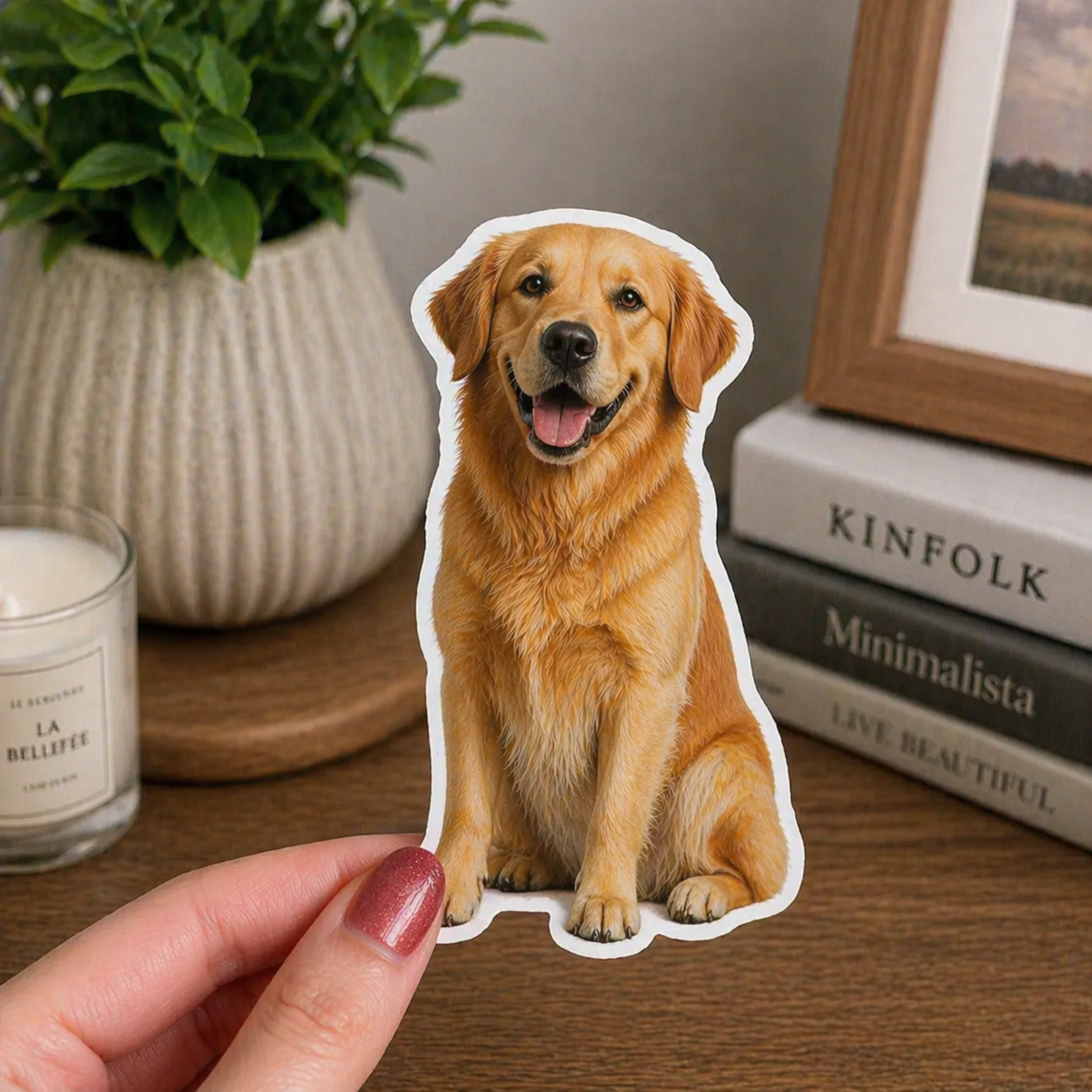 Hand holding a puppy stickers of a golden retriever in front of books and a candle.