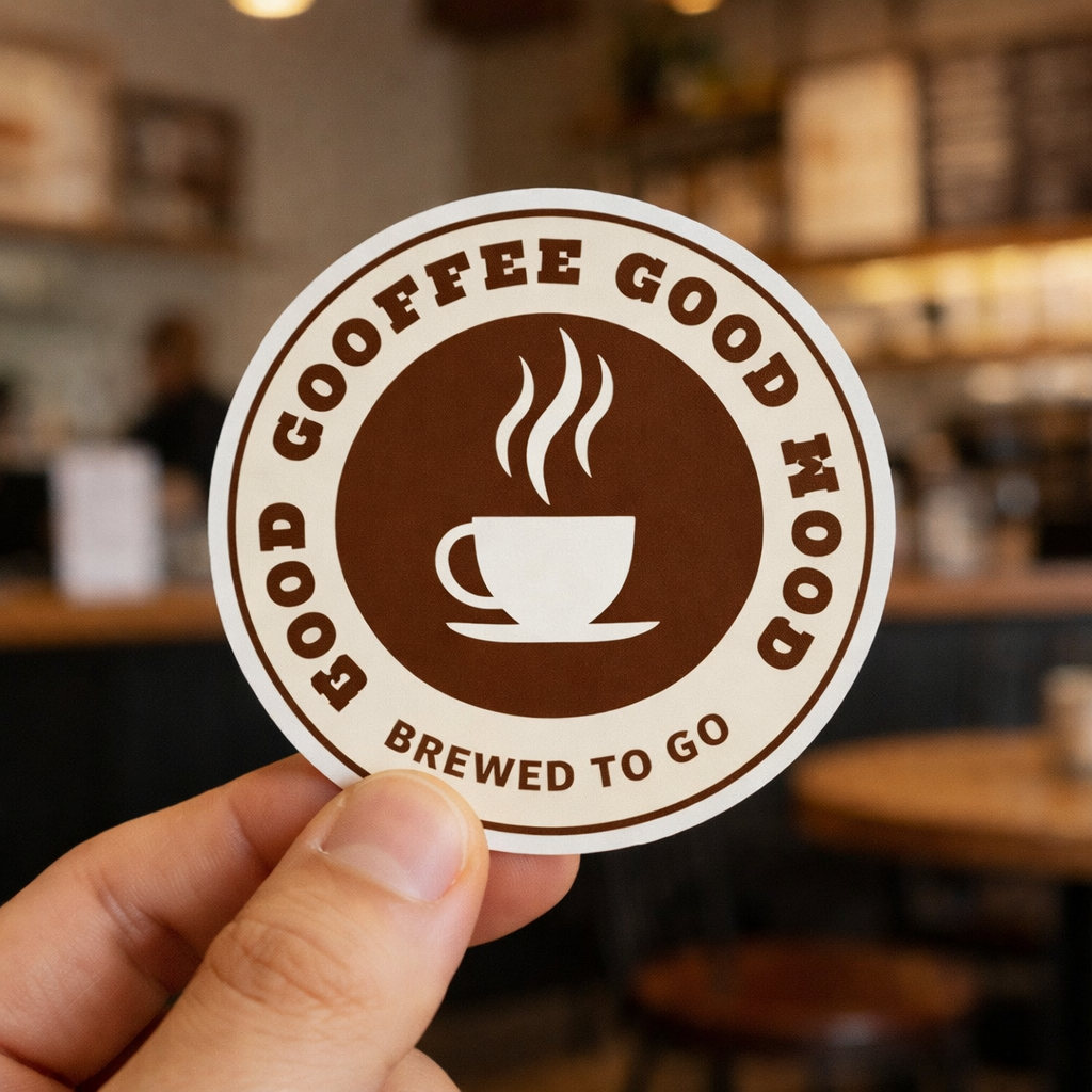 Round waterproof vinyl logo sticker with coffee cup design, great for coffee shop branding, takeaway cups, and menu boards.