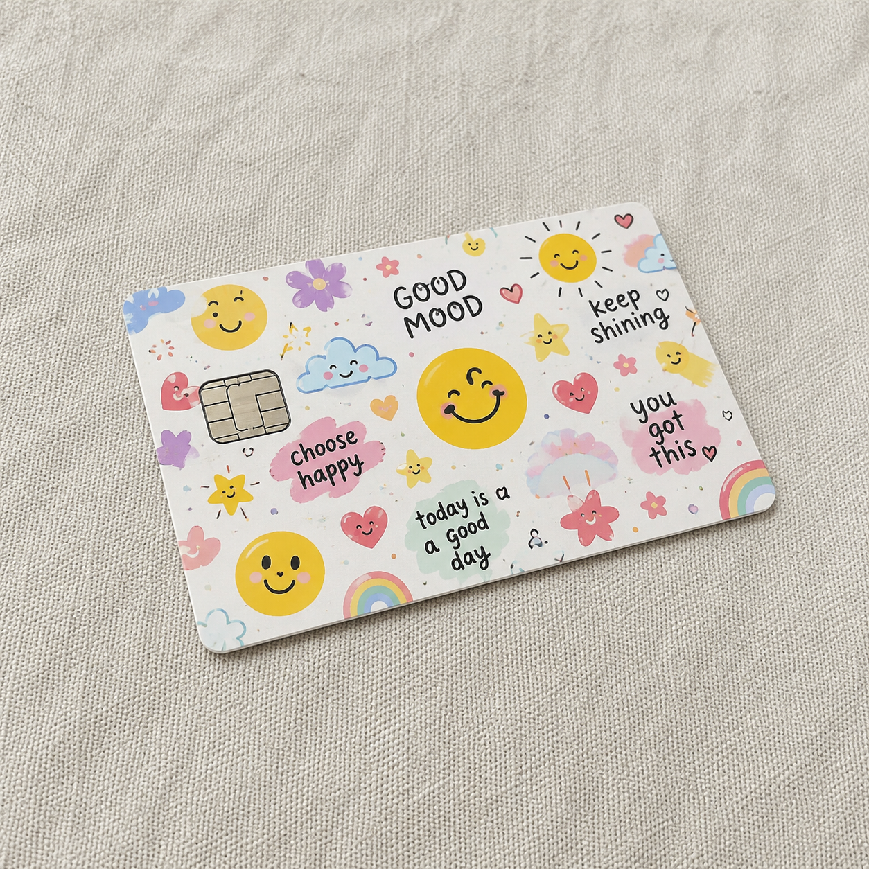 Good mood credit card sticker with cute smiling suns, clouds, and positive text quotes, a vibrant debit card skin.