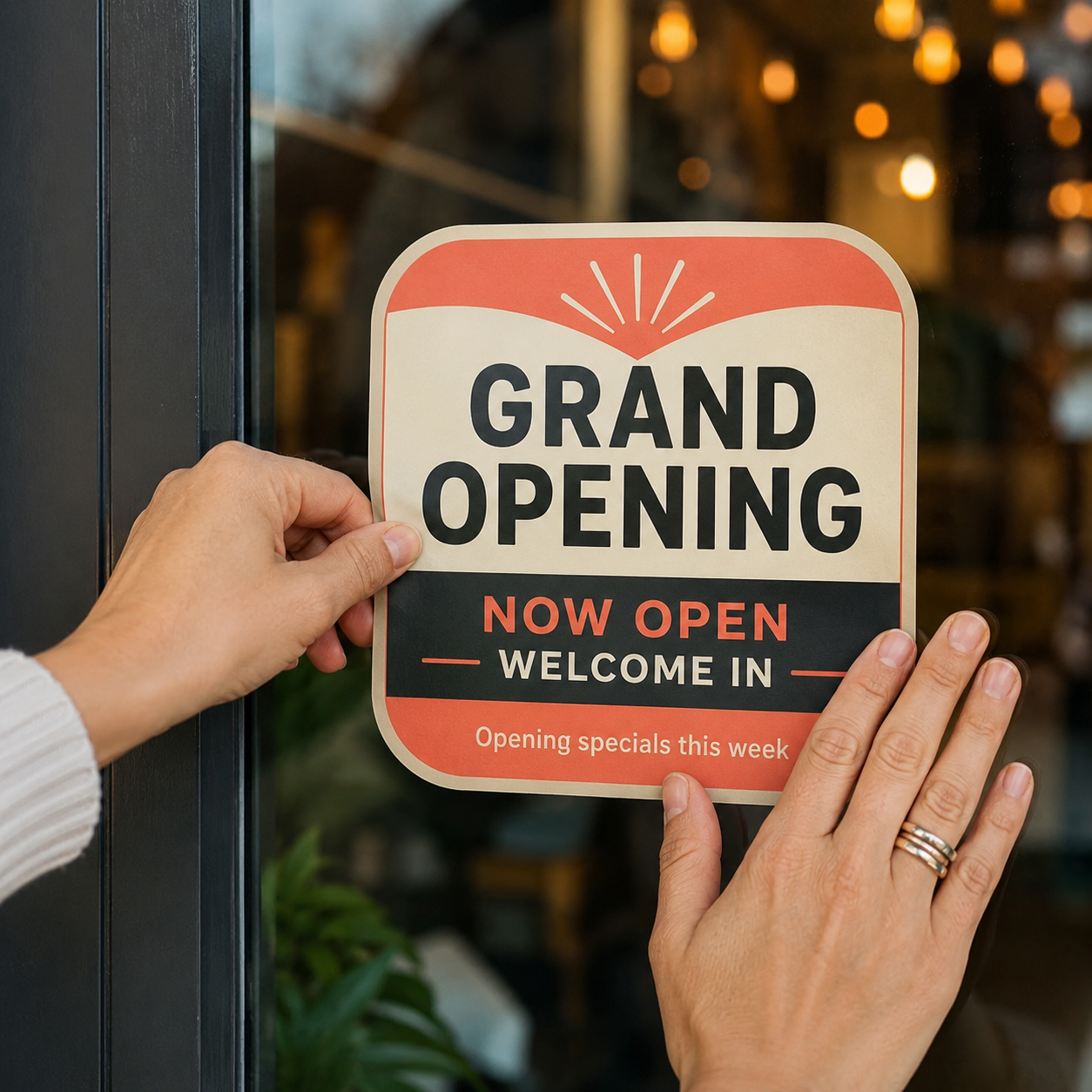 Hands applying a square "Grand Opening - Now Open" vinyl window decal with a retro orange and cream design onto a glass storefront door.