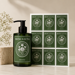 Green rectangle skincare labels shown on a pump bottle with matching label sheet