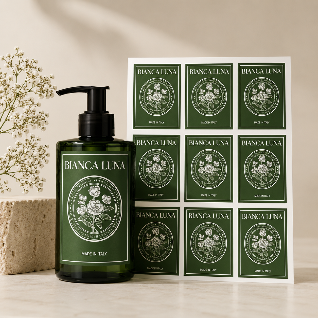 Green rectangle skincare labels shown on a pump bottle with matching label sheet