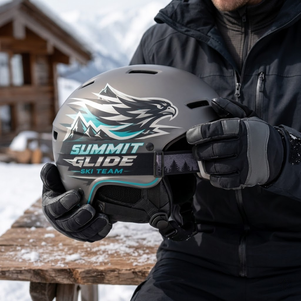 A person holding a matte grey ski helmet featuring a custom Summit Glide Ski Team eagle logo decal, showing the integration with a ski goggle strap.