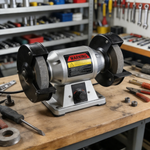 Warning heavy-duty sticker on a small grinder placed on a workshop bench with tools in the background.
