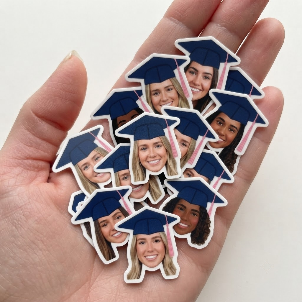 A hand holding a handful of custom graduation face stickers with blue mortarboard caps and pink tassels.