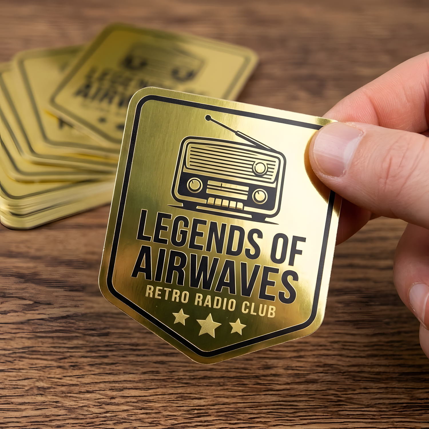 Hand holding a custom gold metallic sticker with a black retro radio design above a stack of matching stickers.
