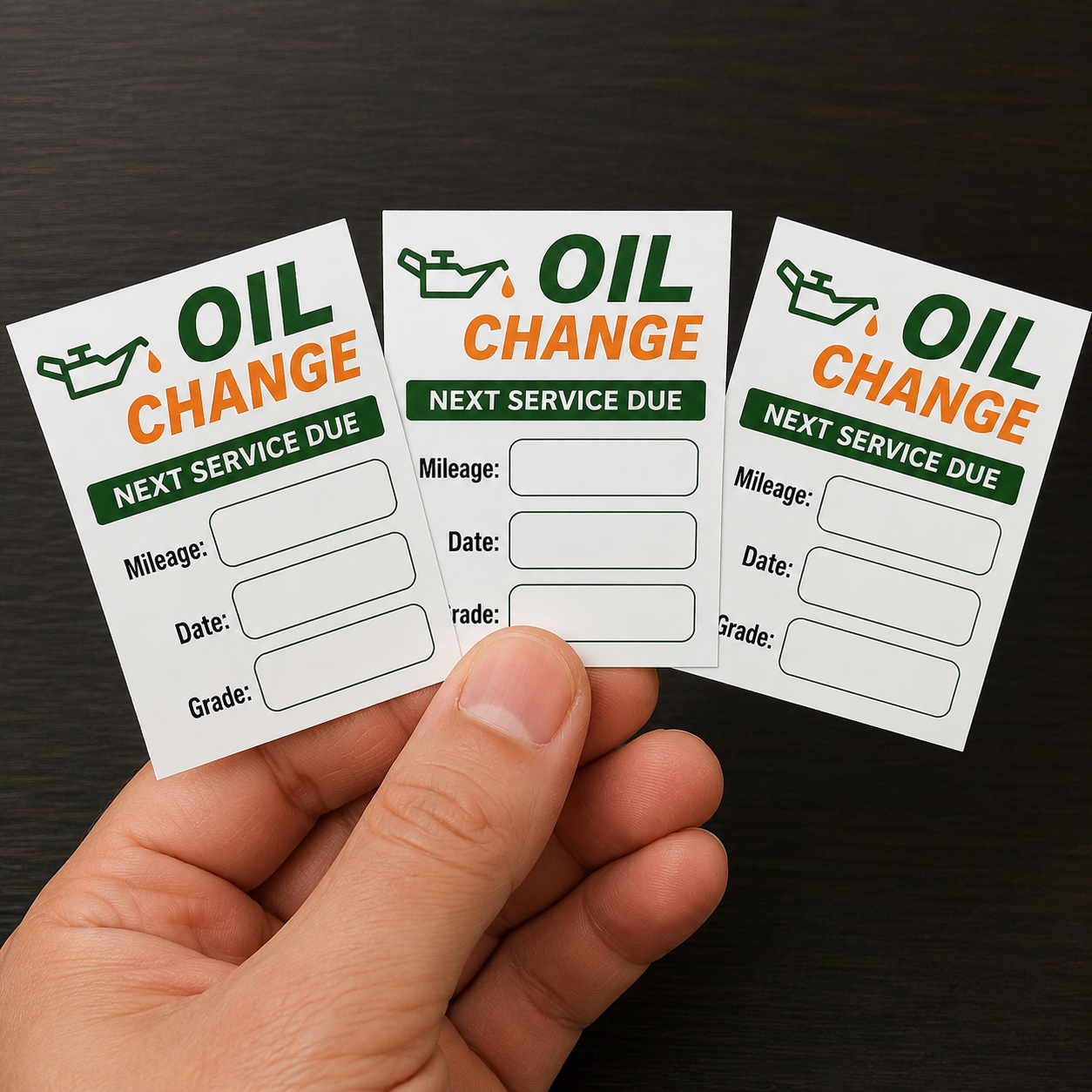 Hand holding custom oil change reminder stickers with mileage, date, and grade service due fields.