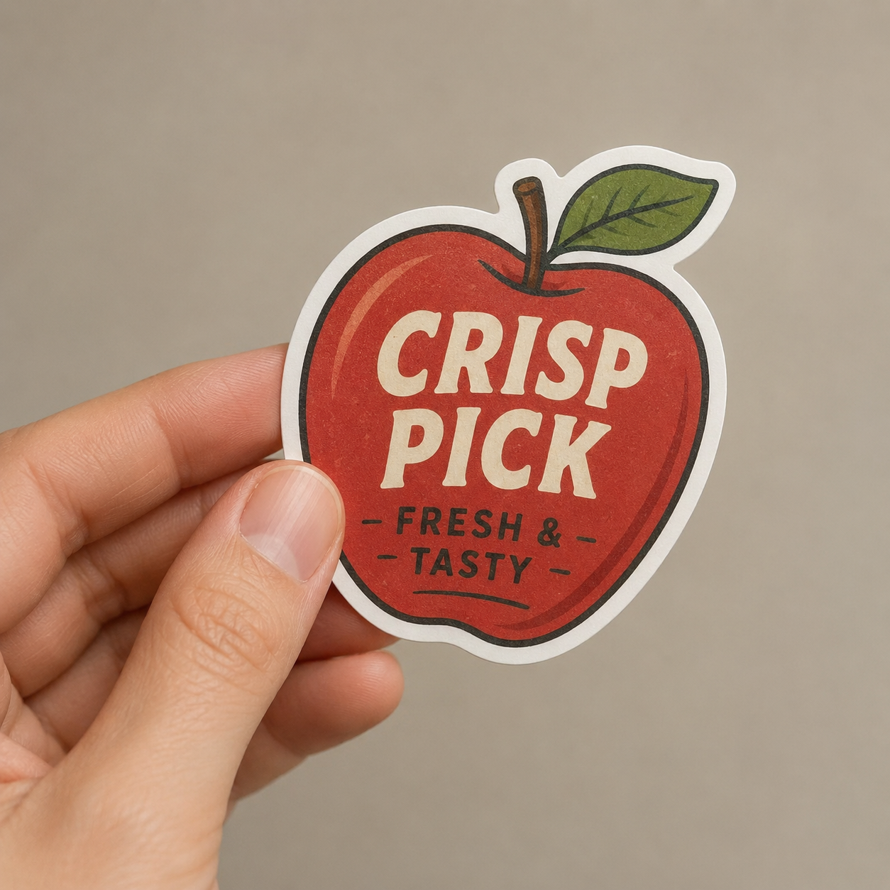 A hand holding a custom die-cut removable sticker shaped like a red apple with Crisp Pick and Fresh and Tasty text.