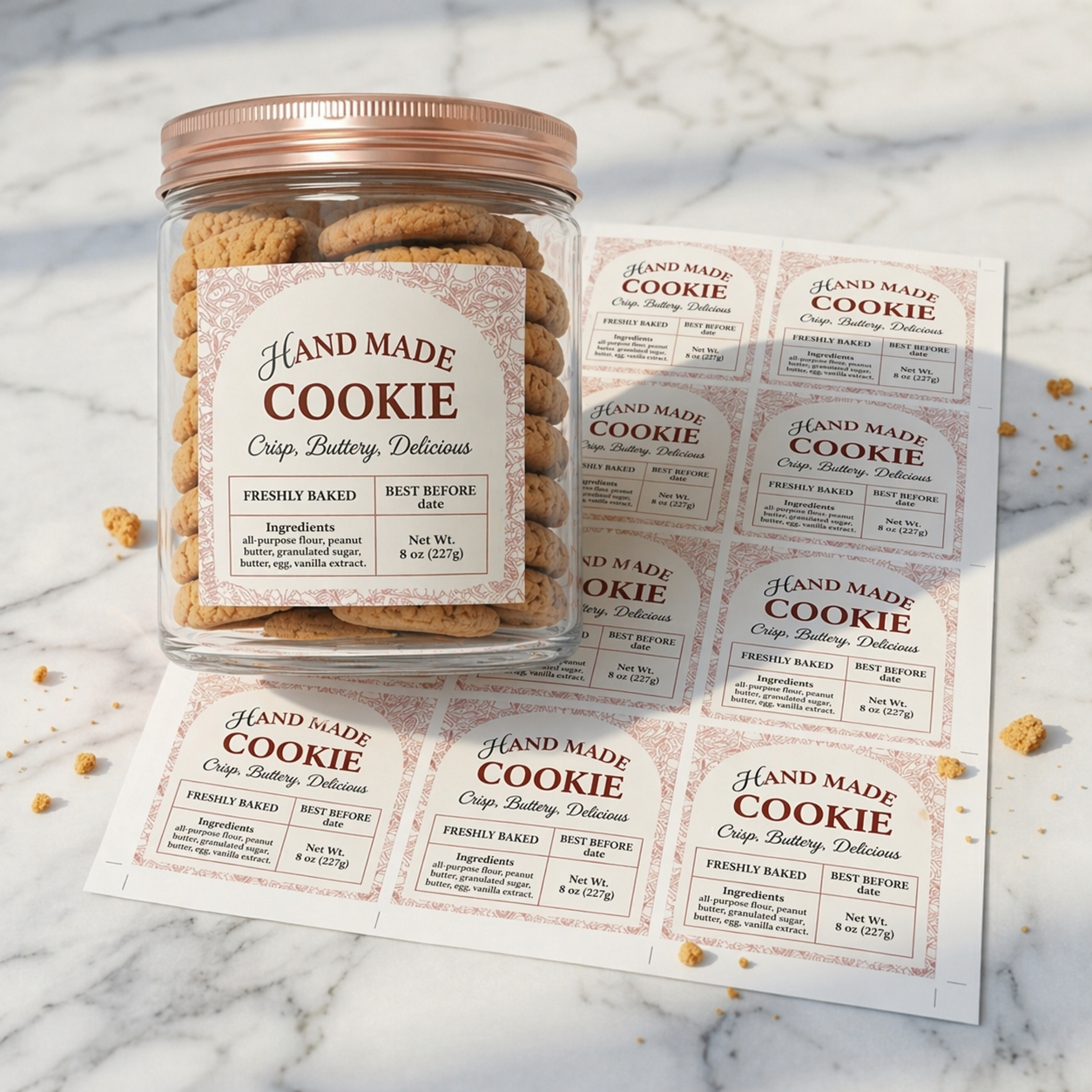 Jar of handmade cookies with matching labels on a marble surface, featuring product branding with logo and product information.