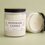 Custom rectangle labels with handmade soy wax candle design applied on a glass jar with a black lid.