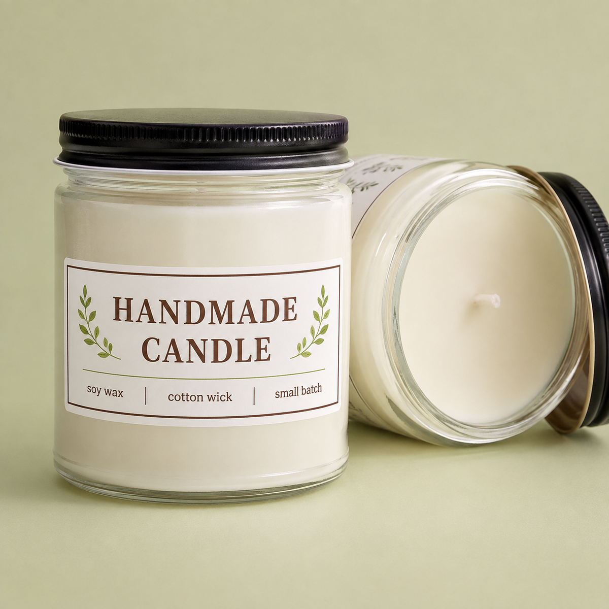 Custom rectangle labels with handmade soy wax candle design applied on a glass jar with a black lid.