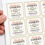 Custom rounded corner labels featuring a handmade chocolate chip cookies design on a sticker sheet.