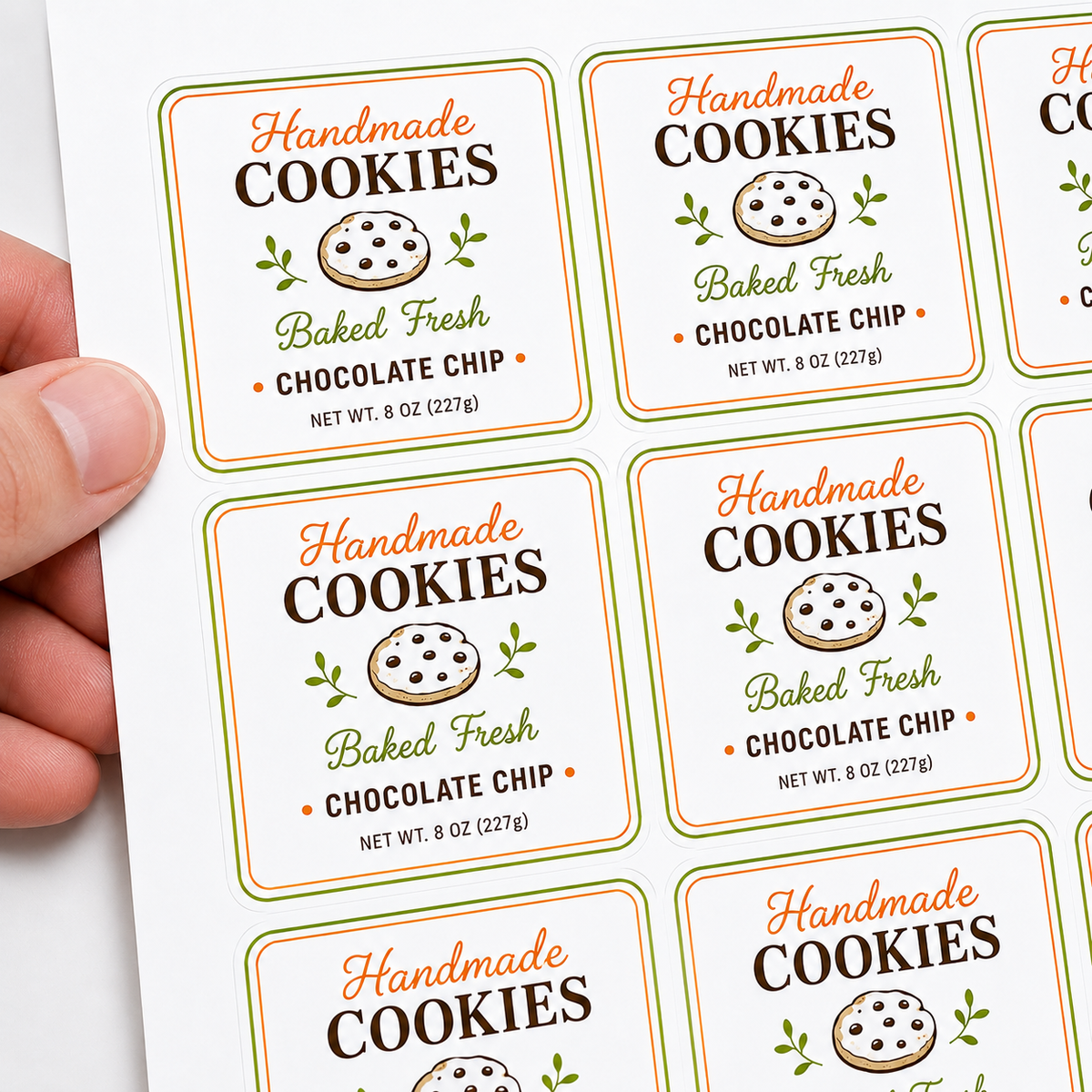 Custom rounded corner labels featuring a handmade chocolate chip cookies design on a sticker sheet.