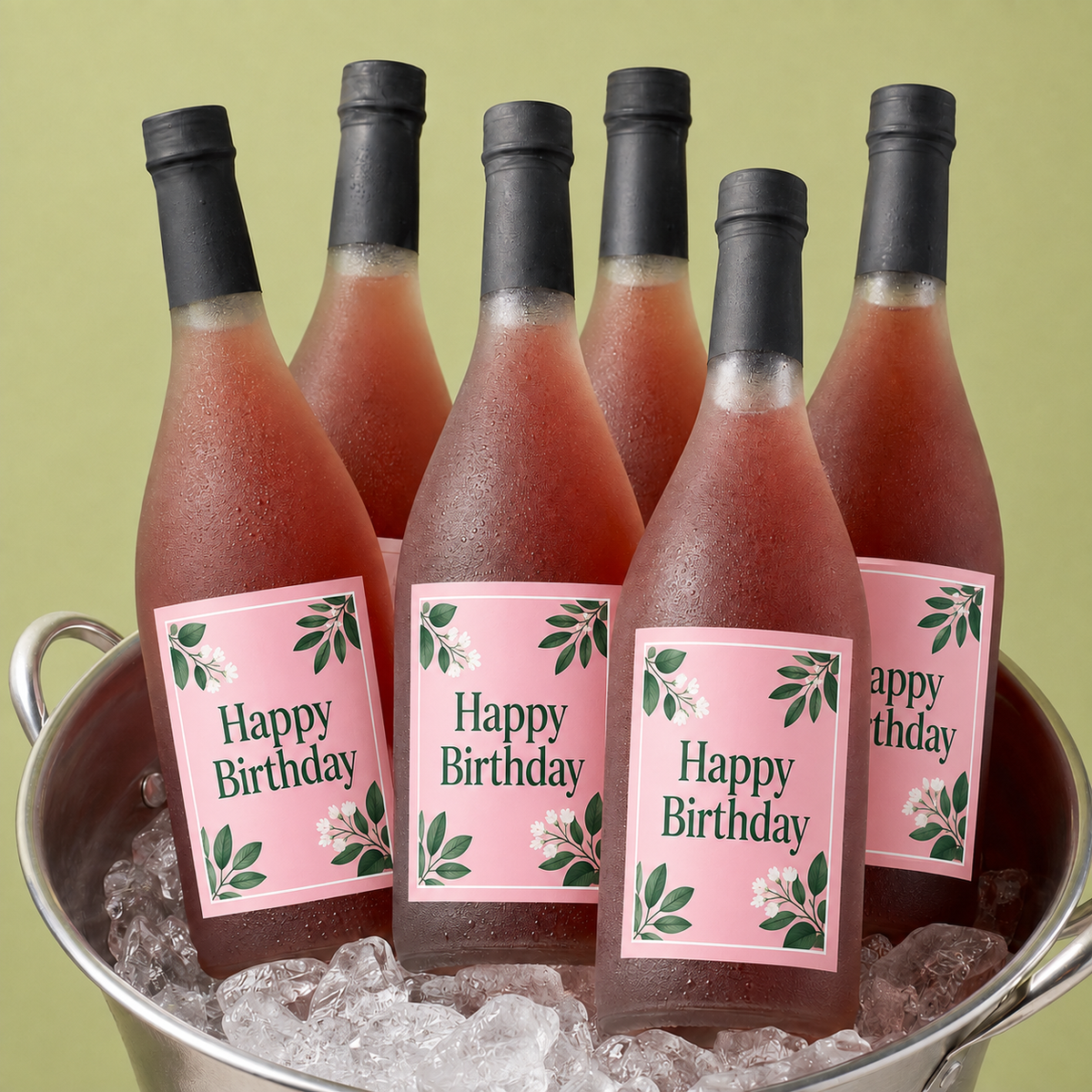 Custom rectangle labels with happy birthday sparkling drink design on glass bottles in an ice bucket