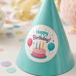 A round vinyl birthday sticker featuring a pink cake, candles, and balloons with "Happy Birthday!" text, applied to a teal party hat surrounded by colorful confetti.