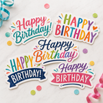 A collection of five different "Happy Birthday" vinyl stickers featuring colorful hand-lettering, script fonts, and banner designs on a marble background with party confetti.