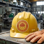 A circular hard hat sticker with a red and yellow design, featuring a safety icon of a helmet and glasses.