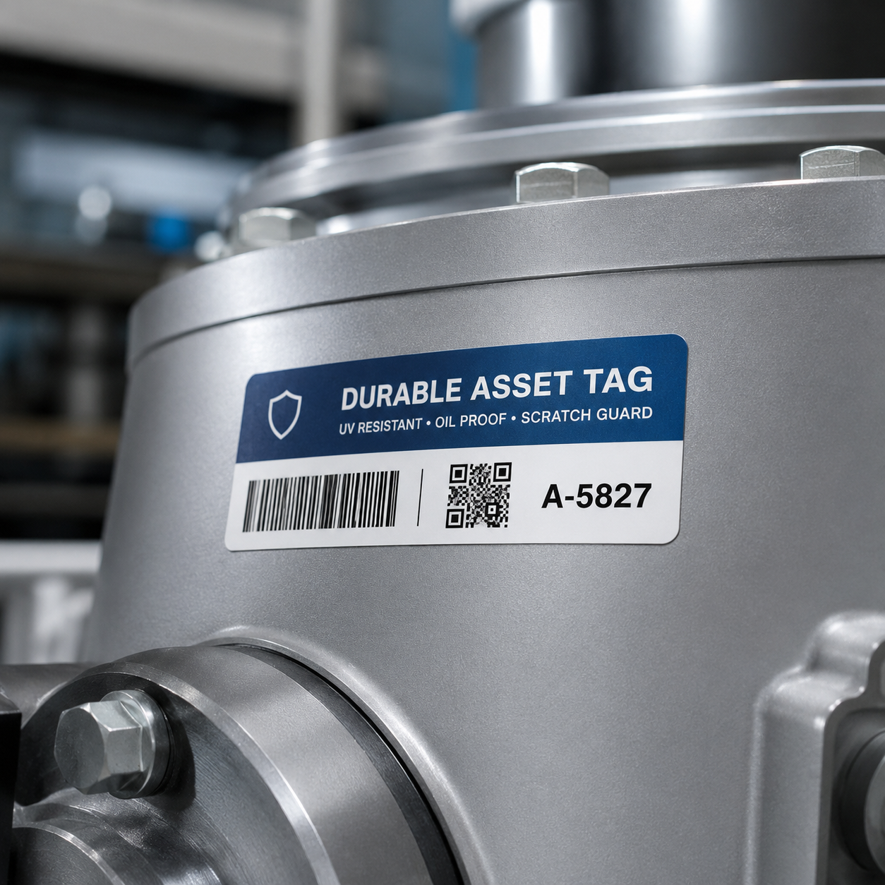 Durable heavy duty asset tag with barcode and QR code, UV resistant and oil proof industrial label for equipment tracking.