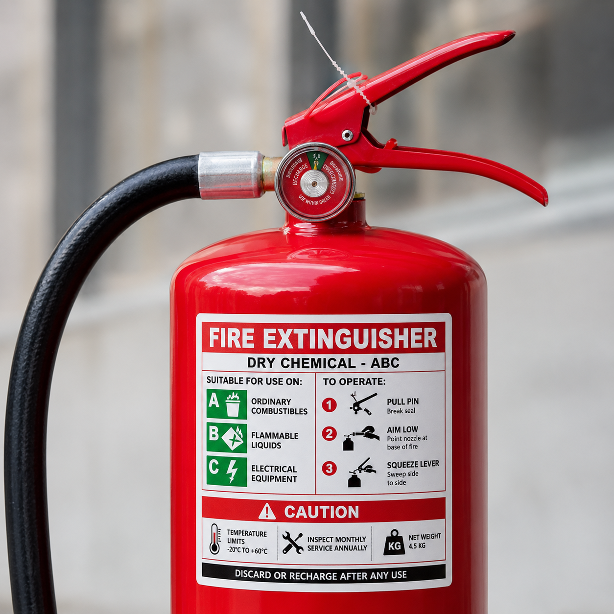 High-visibility permanent adhesive label for fire extinguishers, displaying multi-purpose dry chemical usage guides and inspection maintenance zones.