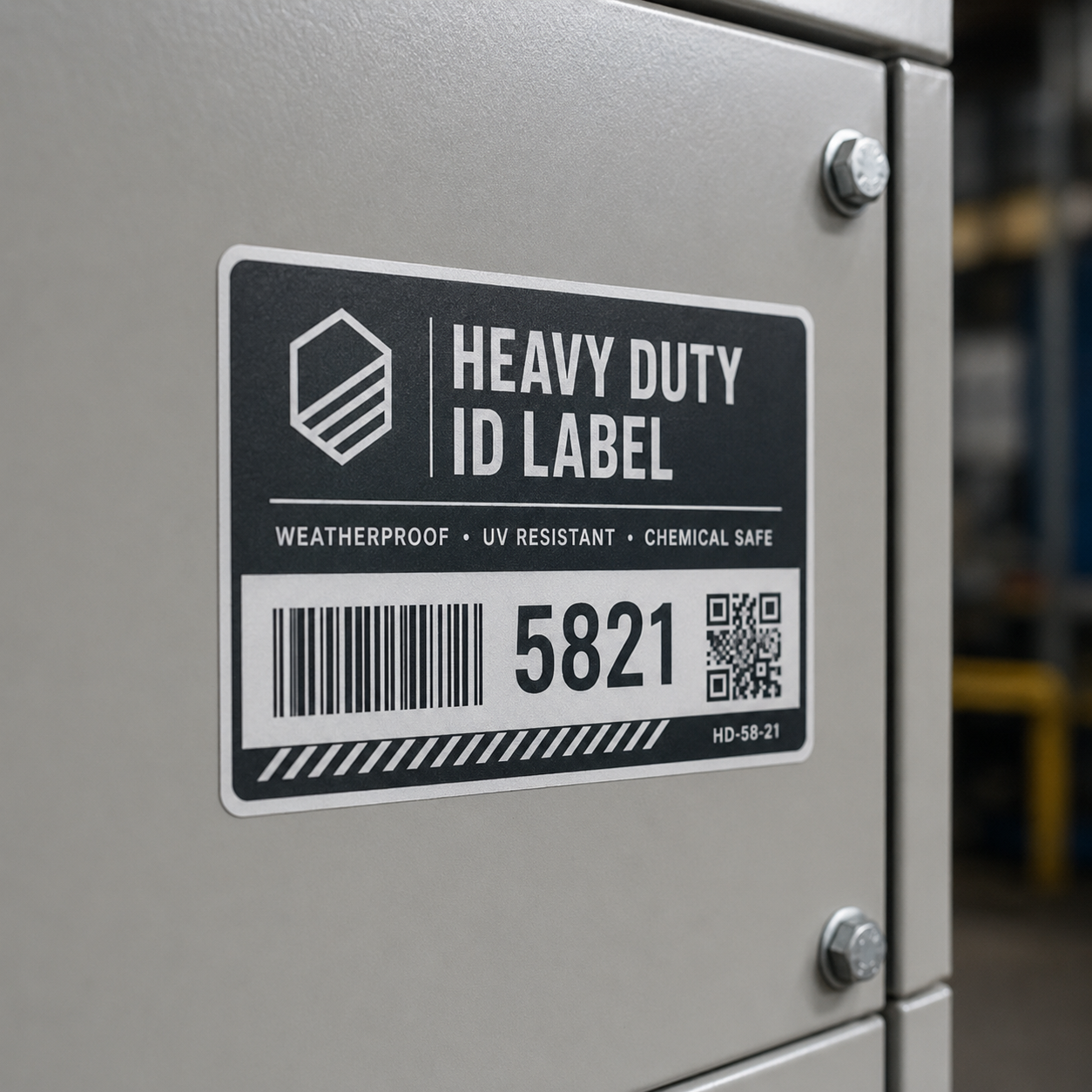 Custom heavy duty ID label for industrial equipment, weatherproof and chemical safe identification tag with serial number.