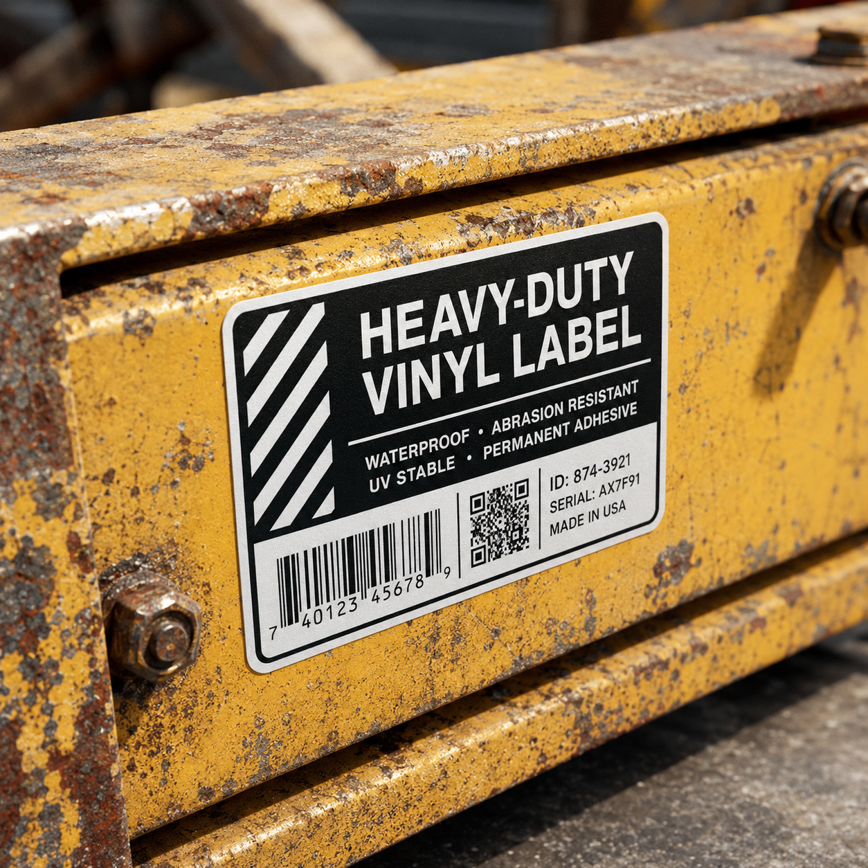 Heavy-duty vinyl label with barcode and QR code applied to a heavily rusted, corroded yellow industrial machinery part, demonstrating extreme durability and permanent adhesive.