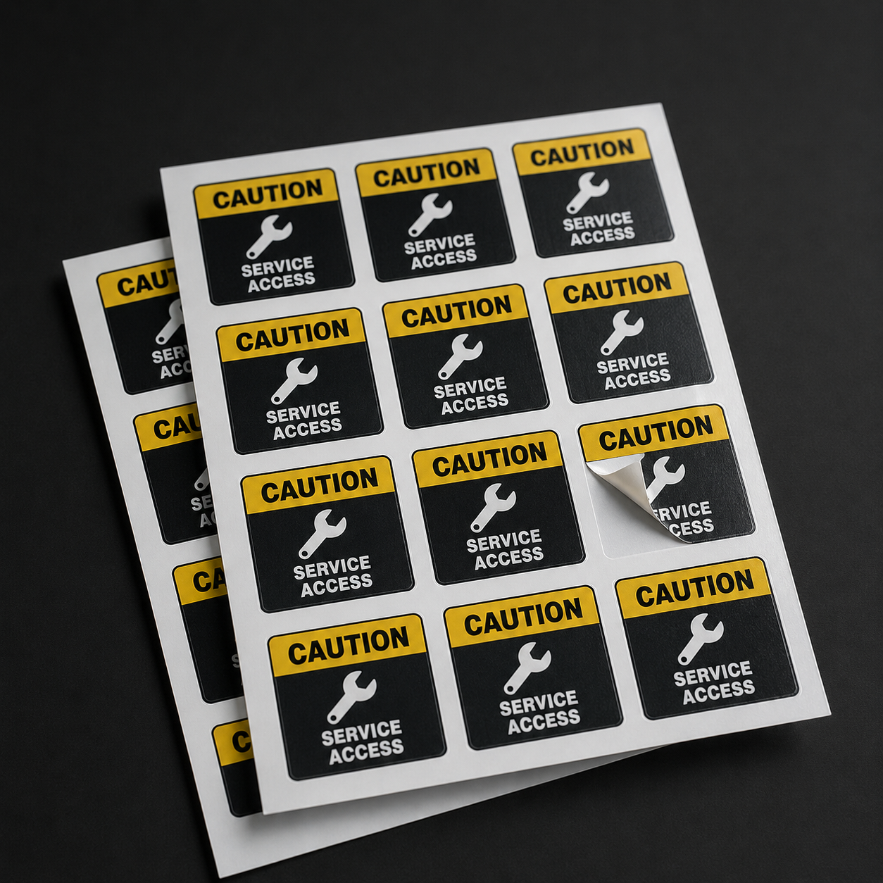 A sheet of premium vinyl heavy duty labels for service access, featuring a yellow and black caution design with a wrench icon, showing one durable sticker being peeled off for industrial equipment maintenance.