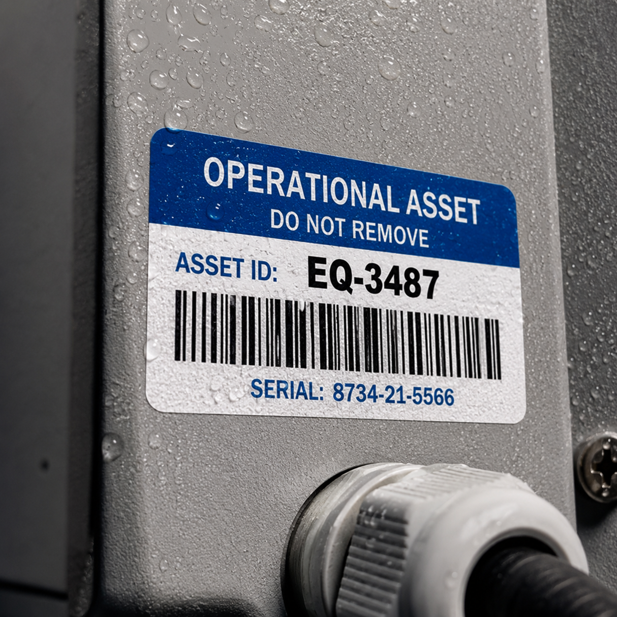 A close-up of a permanent blue and white industrial asset sticker labeled Operational Asset with an ID EQ-3487 and a barcode, applied to gray metal machinery with water droplets.
