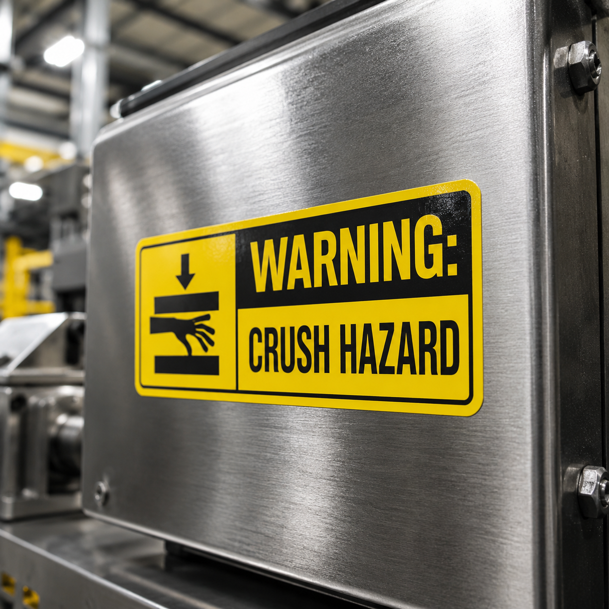 Yellow and black warning label for crush hazard, durable industrial safety sticker for heavy machinery and equipment.