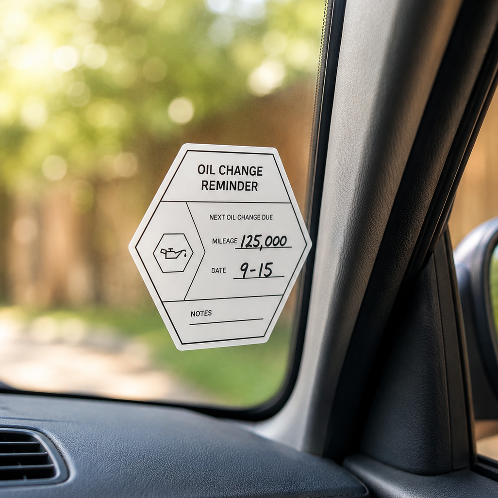 Hexagon custom oil change reminder sticker attached to the corner of a car windshield.