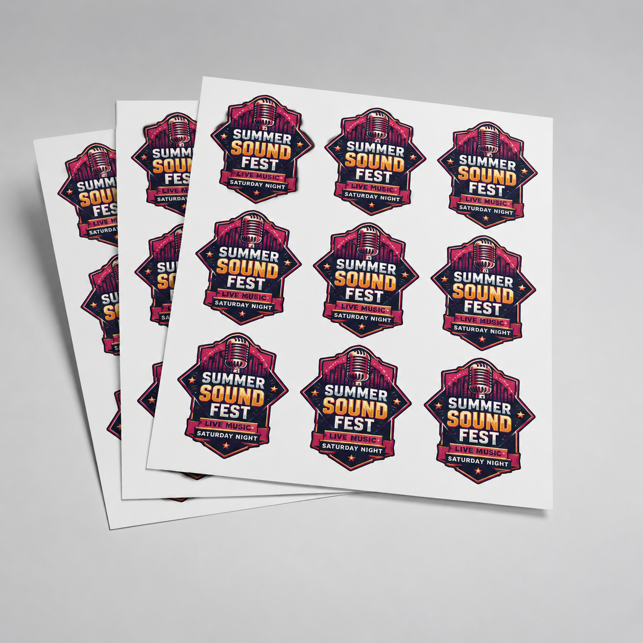 Multiple sheets of high-quality die-cut vinyl labels. Each sheet contains nine identical shield-shaped stickers with retro typography, vibrant red and gold colors, and music festival branding.