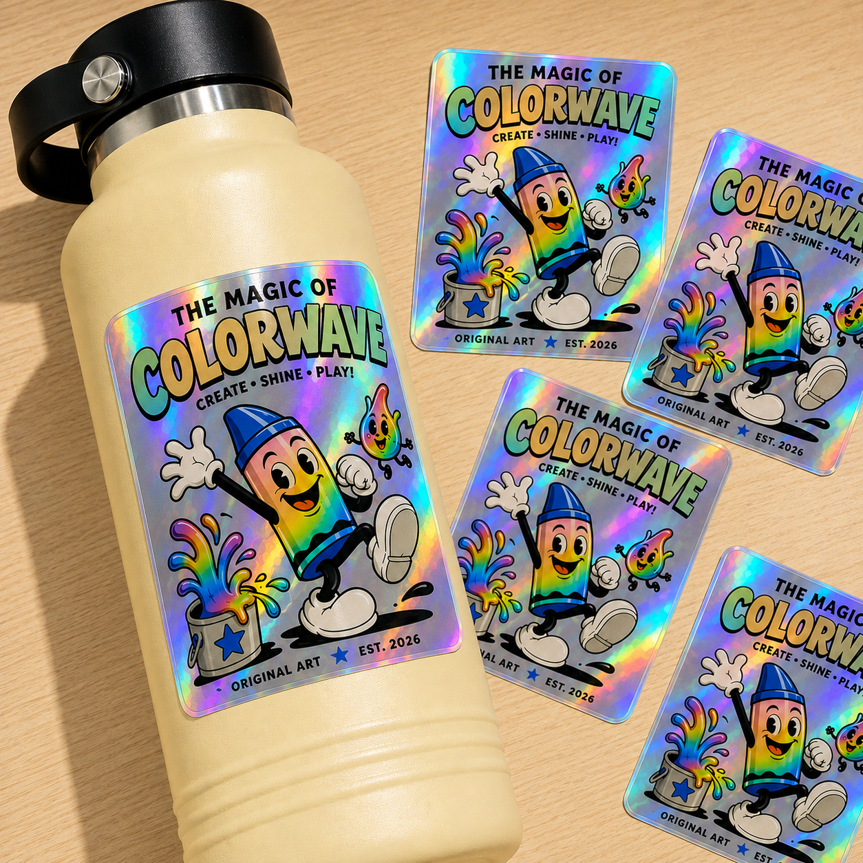 Rectangular holographic stickers featuring a colorful cartoon crayon artwork applied to a pale yellow water bottle, with extra stickers displayed on a wood tabletop.