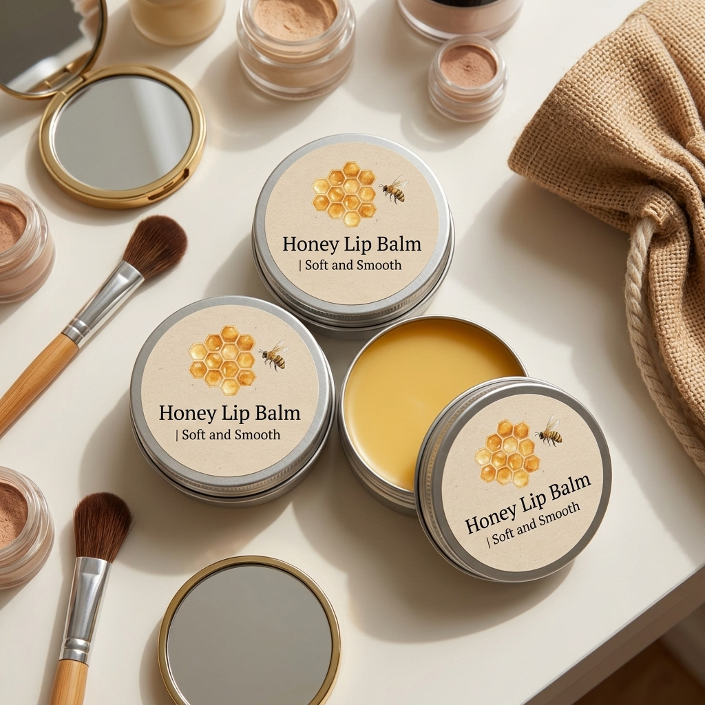 Honey lip balm with personalized lip balm labels​ on a light surface with makeup tools.