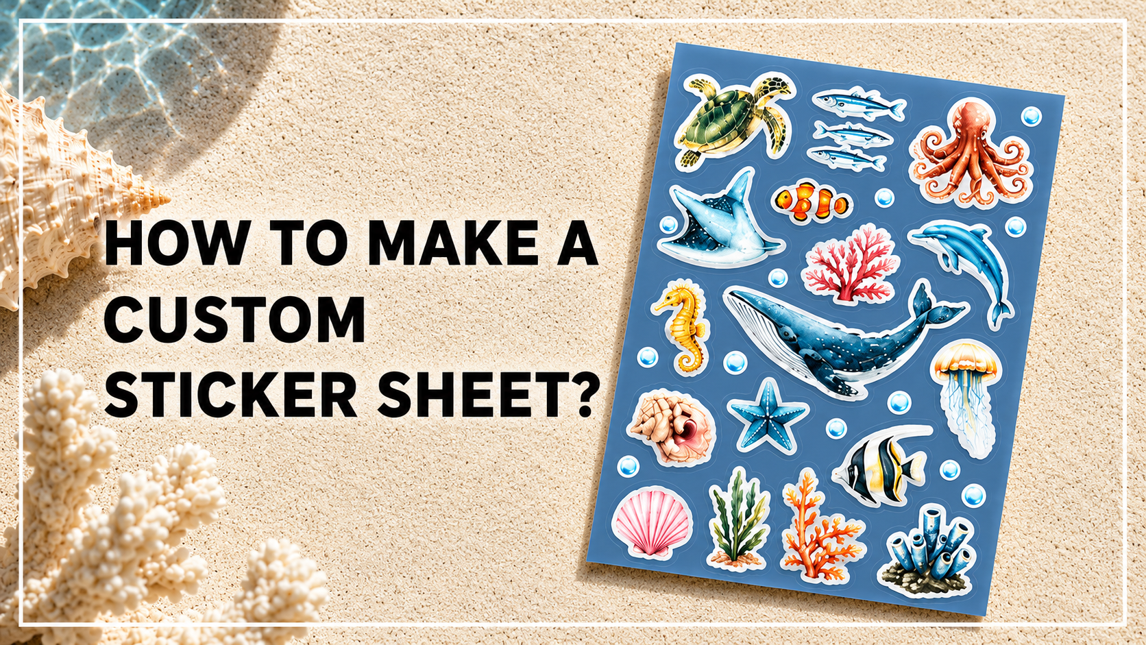Custom sticker sheet with colorful ocean-themed stickers on a sandy background
