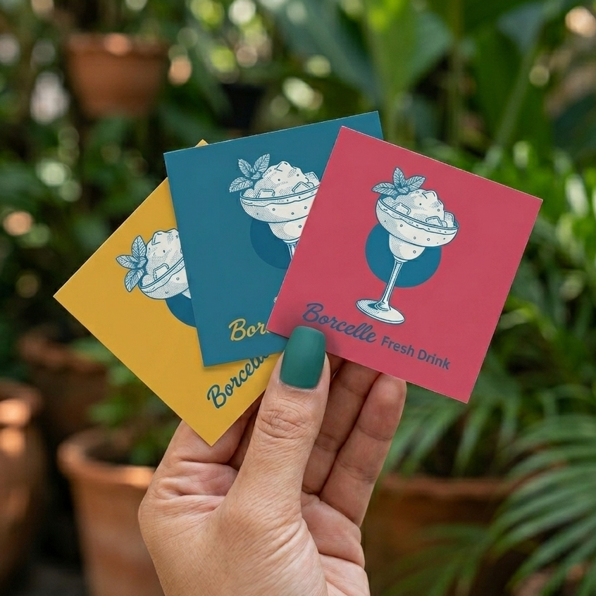 Hand holding three colorful cards with ice cream illustrations against a green plant background