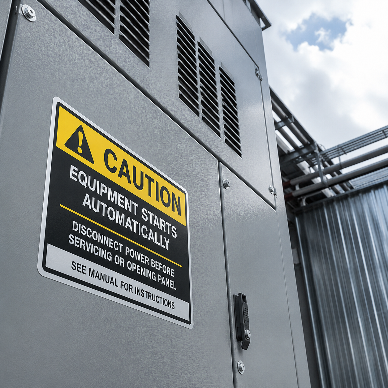A durable yellow and black CAUTION sticker on a gray metal electrical panel reading Equipment Starts Automatically, Disconnect Power Before Servicing, shown in an outdoor industrial setting.