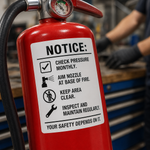 Heavy duty adhesive notice label for fire extinguisher maintenance, high-visibility safety instructions for industrial workplace.