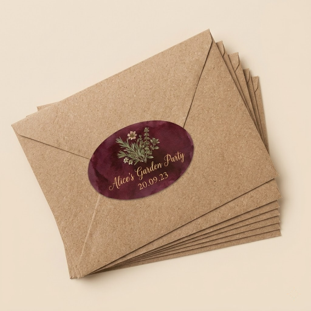 A stack of brown kraft paper envelopes sealed with a deep burgundy oval sticker. The sticker features a gold script that reads 'Alice’s Garden Party 20.09.23' alongside a delicate botanical illustration of herbs and wildflowers.
