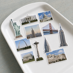 Custom photo stickers featuring travel landmarks on a tray – personalized photo stickers for scrapbooking and decoration