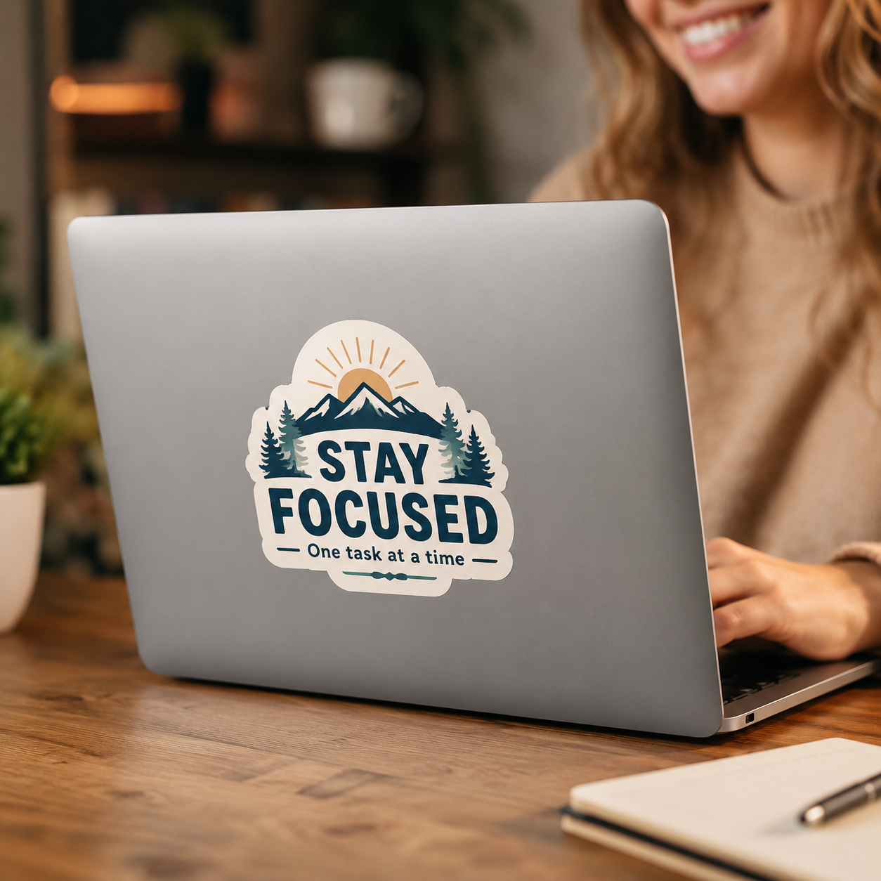 Person using a laptop with a 'Stay Focused' vinyl decal on a wooden desk.